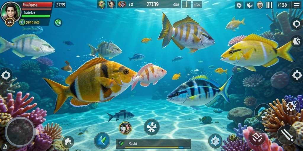 Screenshot 2739 menampilkan aksi seru berburu ikan di bawah laut.