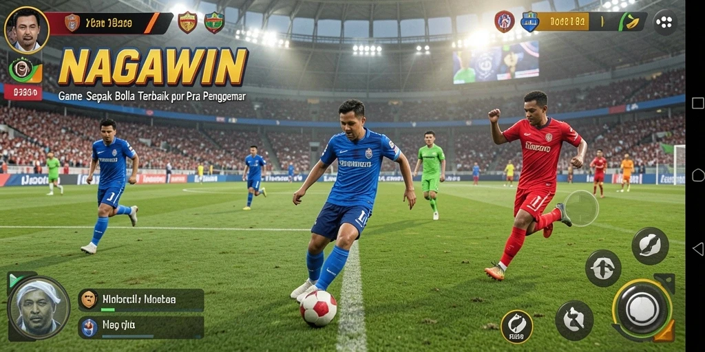 Tampilan gameplay seru dalam NAGAWIN dengan aksi sepak bola nyata.